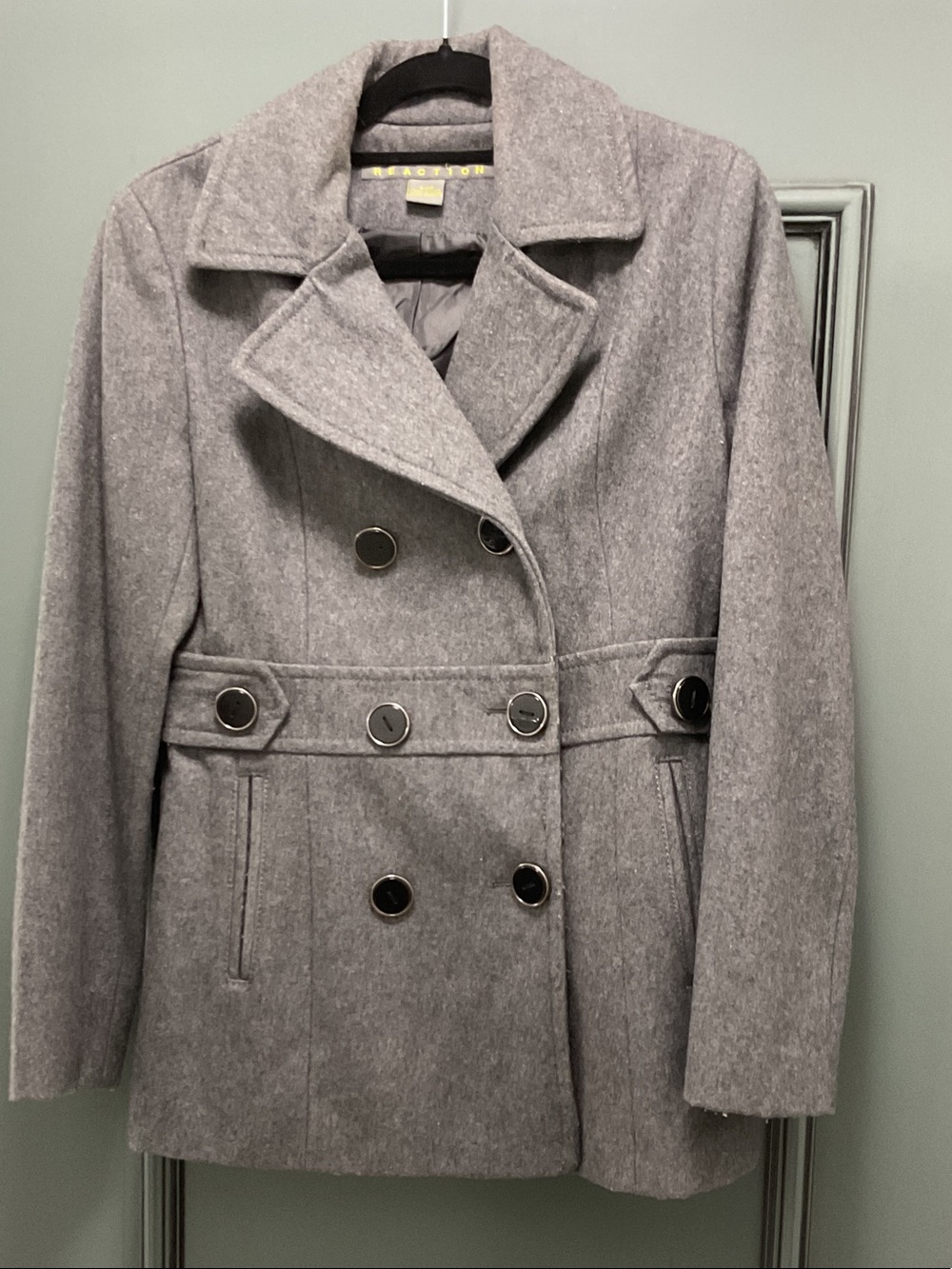 56% wool Women’s Reaction Kenneth Cole Solid Gray Double-Breasted Peacoat